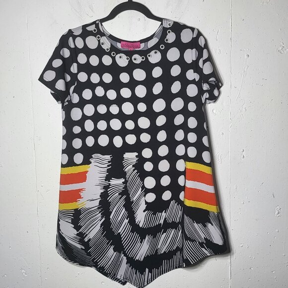 Max & Rina Womens Asymmetrical Polka Dot Blouse Size Medium Art to Wear Stretch - Picture 1 of 9